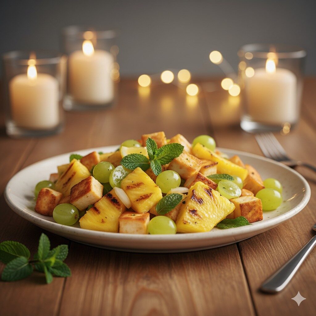 Salada tropical com abacaxi grelhado, uvas e Queijo Coalho
