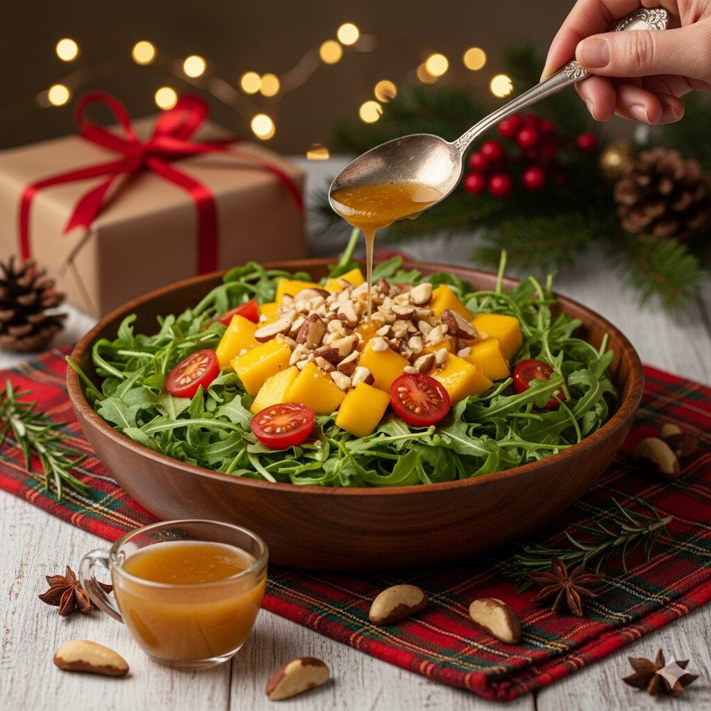 Salada tropical com manga, rúcula e castanhas