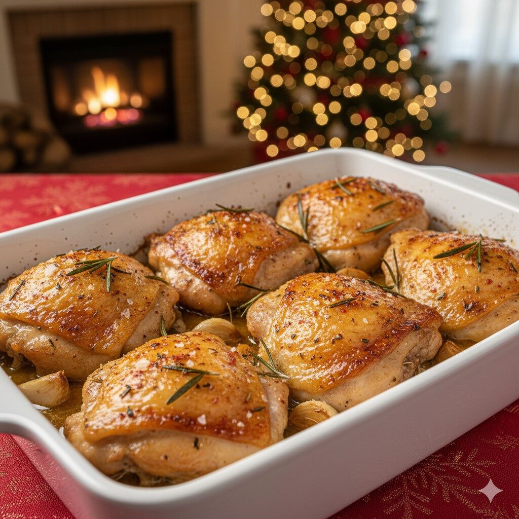 Sobrecoxa assada com manteiga, vinho branco e ervas