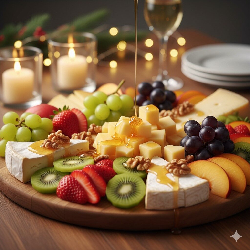 Tábua de frutas decorada com queijos e mel