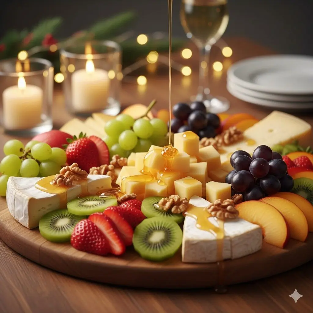 Tábua de frutas decorada com queijos e mel