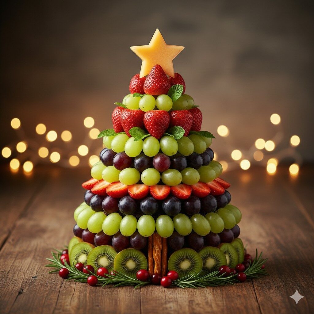 Tábua de frutas em forma de árvore de Natal
