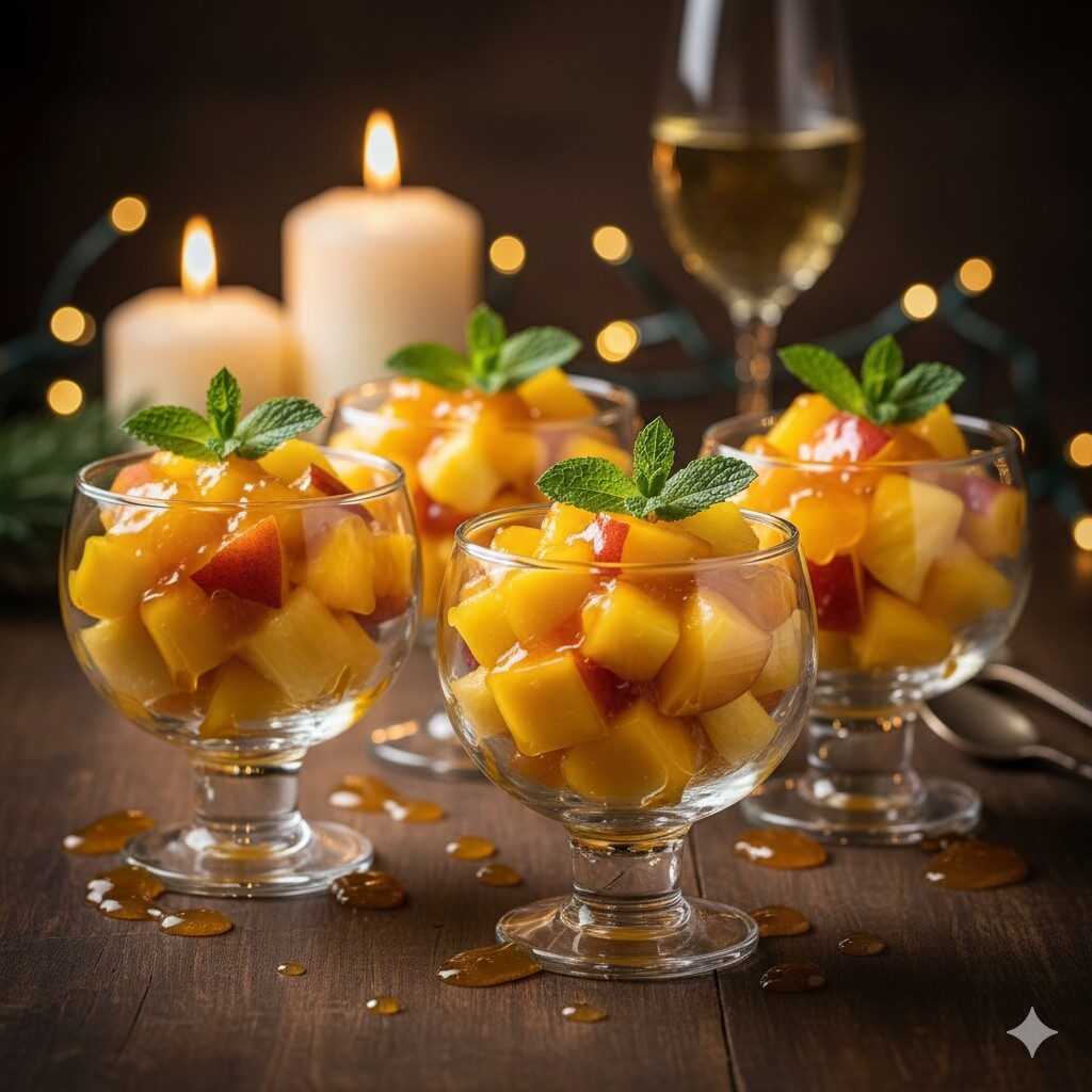 Taças de frutas amarelas com geleia de damasco