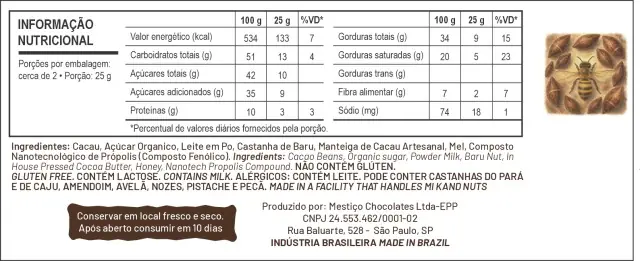 Chocolate Mel & Baru 50% Mestiço - Dark Milk com Castanha de Baru e Mel MBee