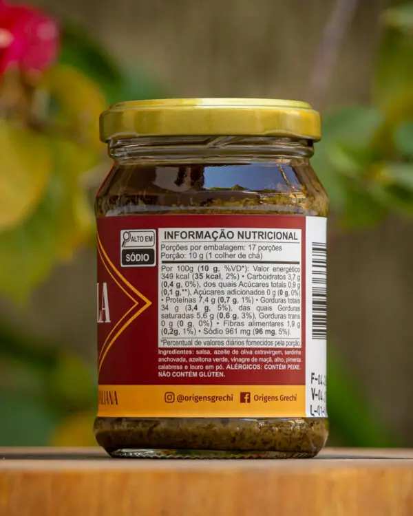 Tabela nutricional e ingredientes da Aliciella Origens Grechi — contém peixe, sem glúten, alto em sódio