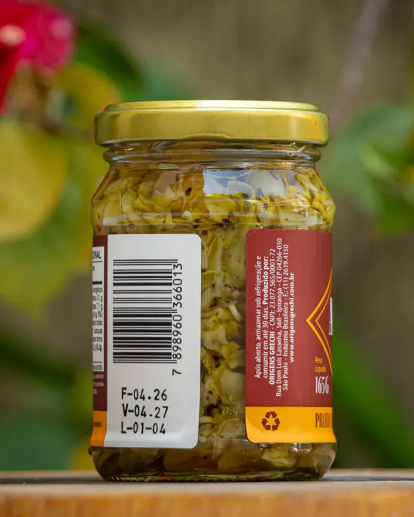 Verso do pote de abobrinha italiana Origens Grechi com código de barras e dados do fabricante