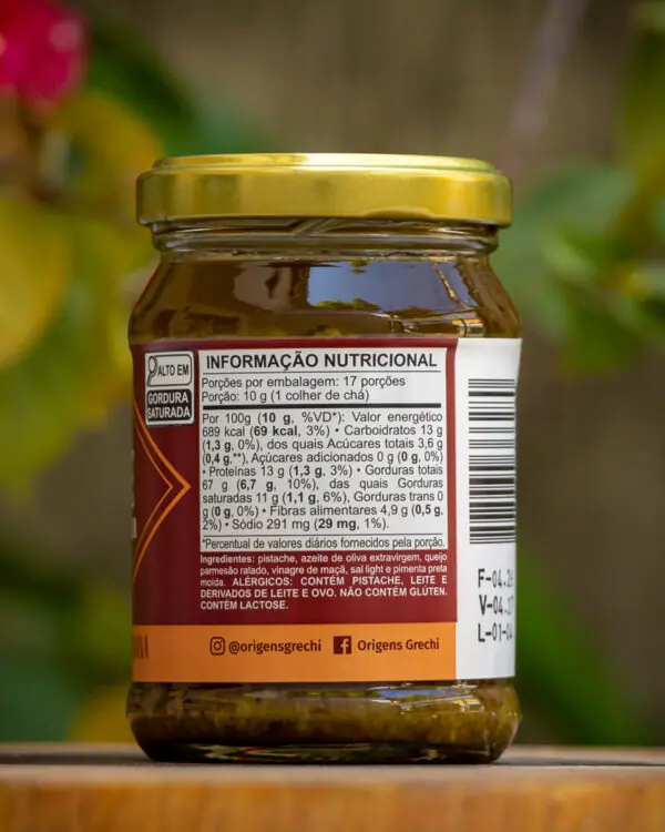 Tabela nutricional e ingredientes do Pesto de Pistache Origens Grechi — sem glúten, contém lactose