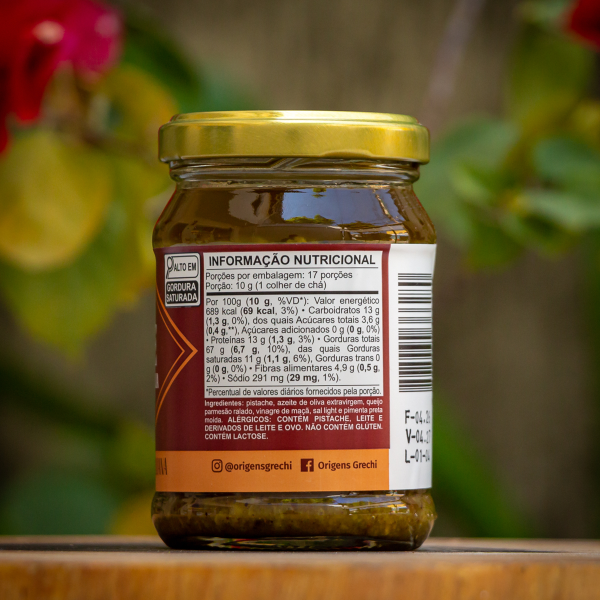 Tabela nutricional e ingredientes do Pesto de Pistache Origens Grechi — sem glúten, contém lactose