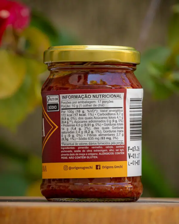 Tabela nutricional e ingredientes da Sardella Origens Grechi — sem glúten, contém peixe