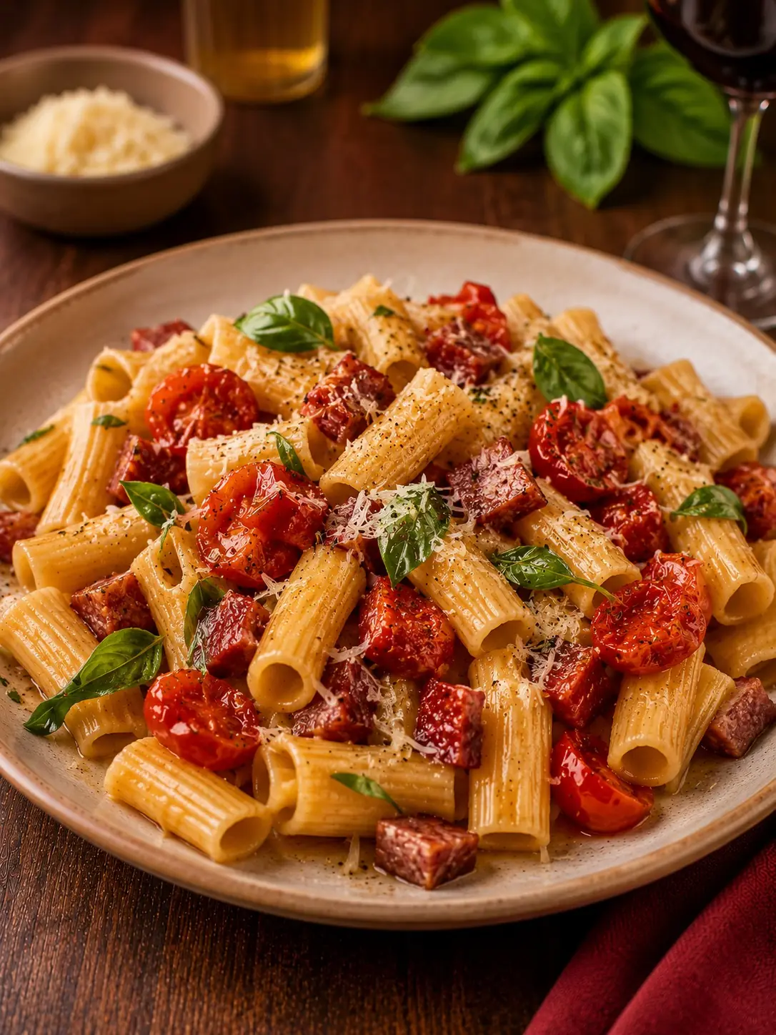 16 receitas para almoço de Dia dos Namorados - 10 10. Rigatoni ao molho de salame curado e tomates rústicos