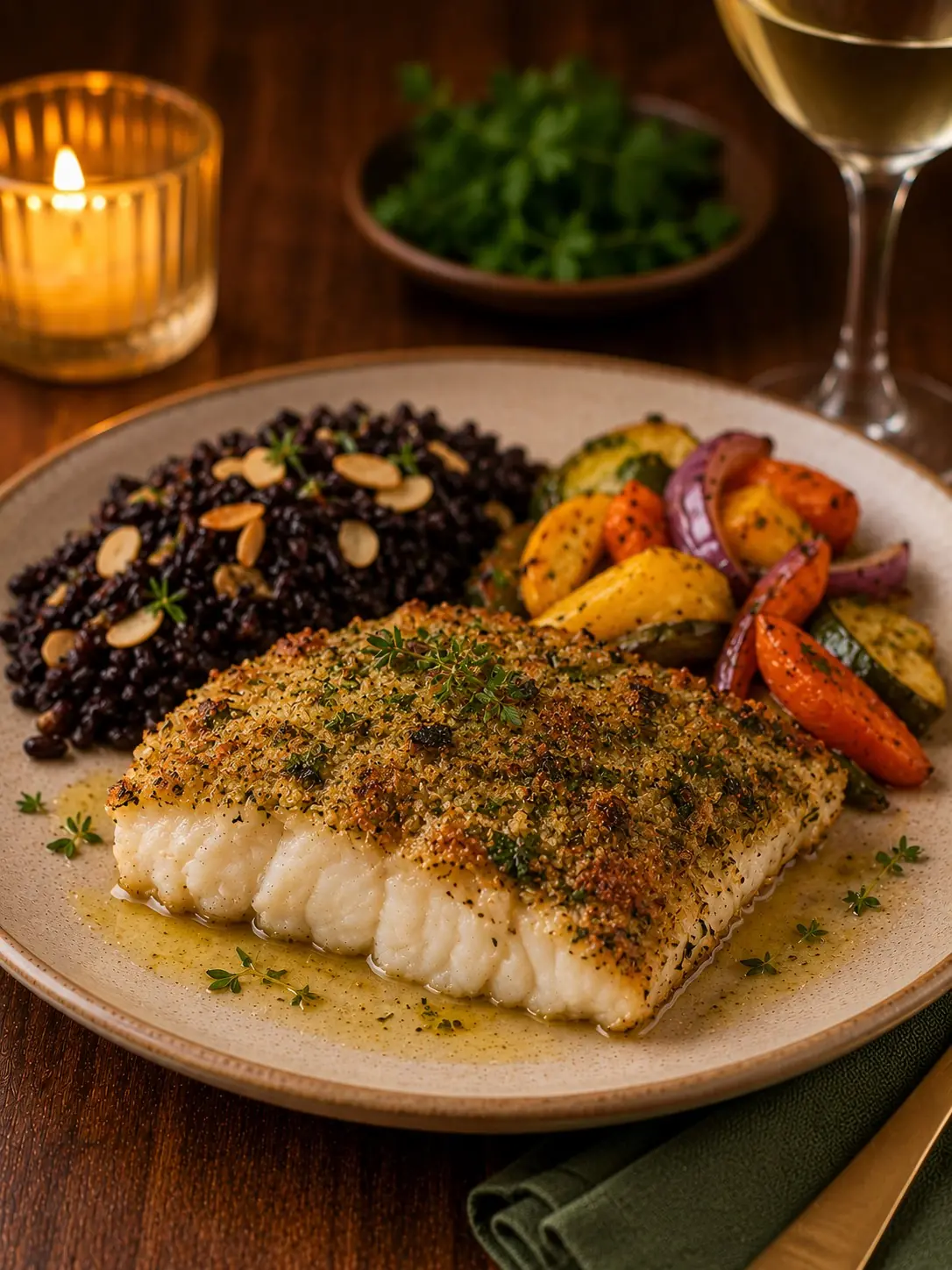 11. Lombo de peixe assado com crosta de ervas e azeite trufado