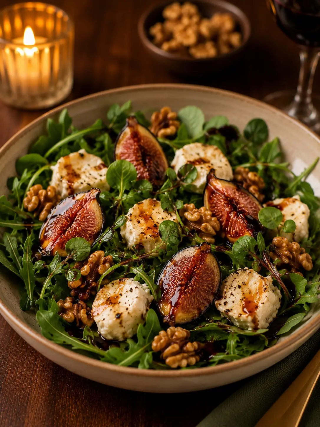 12. Salada morna de queijo de cabra com figo assado e nozes