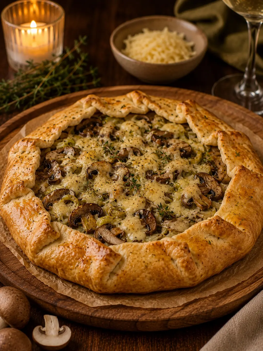 13. Torta rústica de cogumelos, alho-poró e queijo meia cura