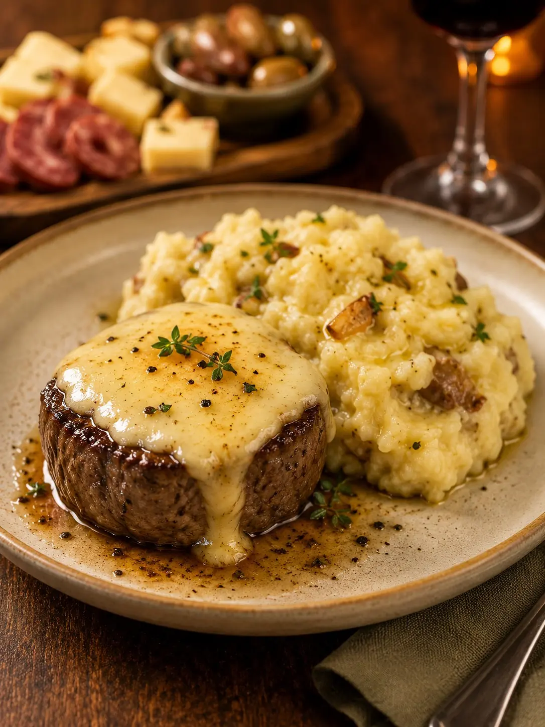 2. Medalhão de filé mignon com queijo meia cura e purê rústico de batata