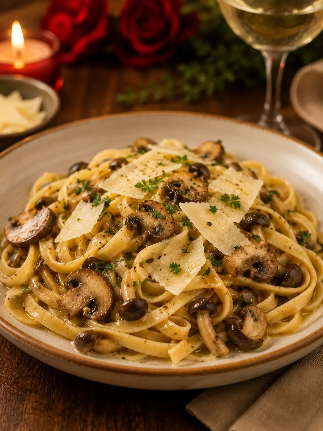 3. Talharim artesanal com cogumelos e lascas de parmesão