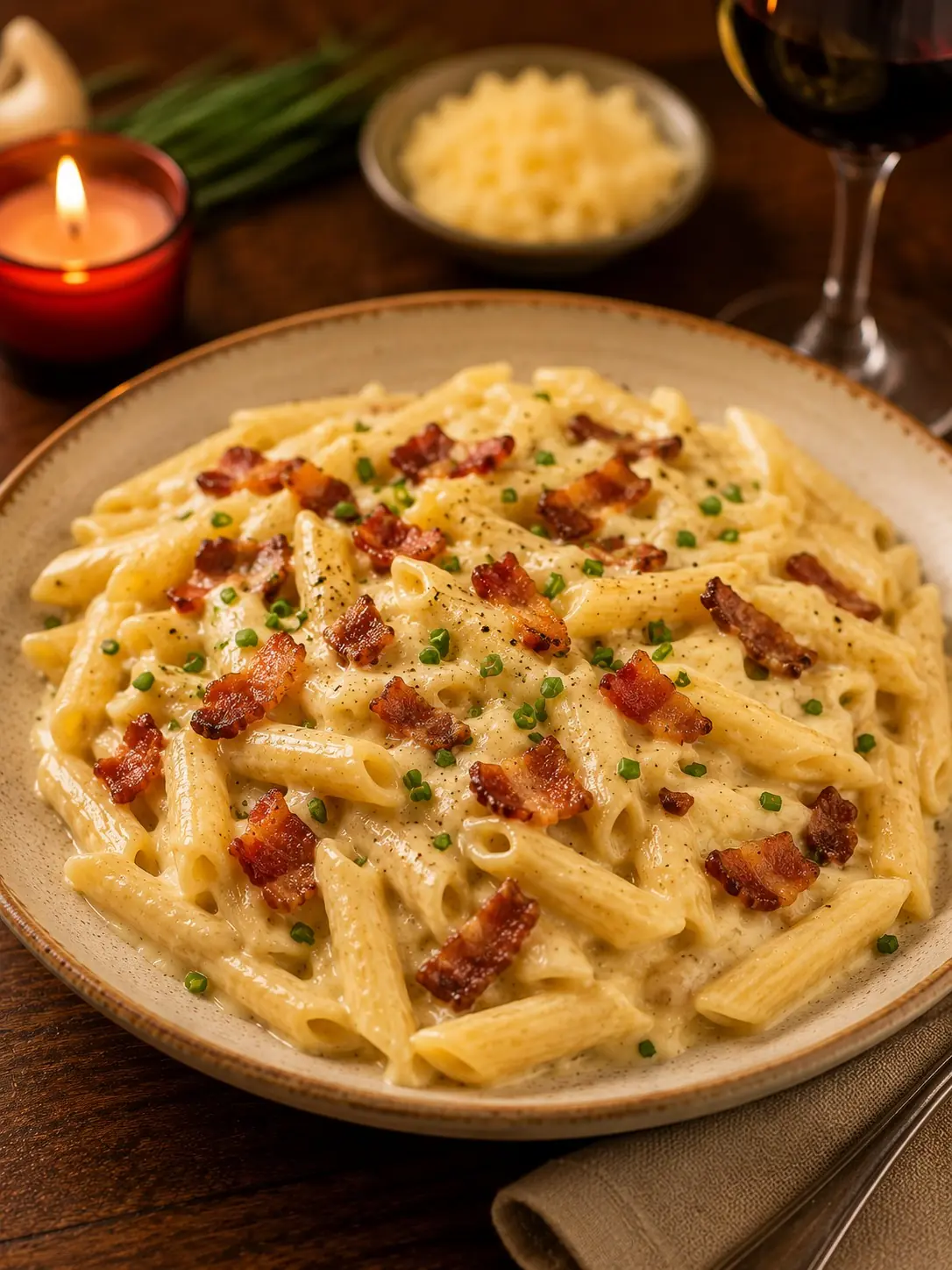 4. Penne ao molho cremoso de queijo e bacon crocante