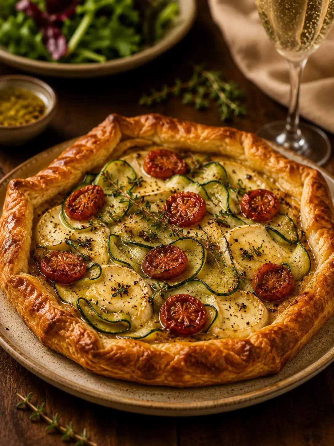 16 receitas para almoço de Dia dos Namorados - 7 7. Tarte folhada com queijo camembert, abobrinha e tomate confit