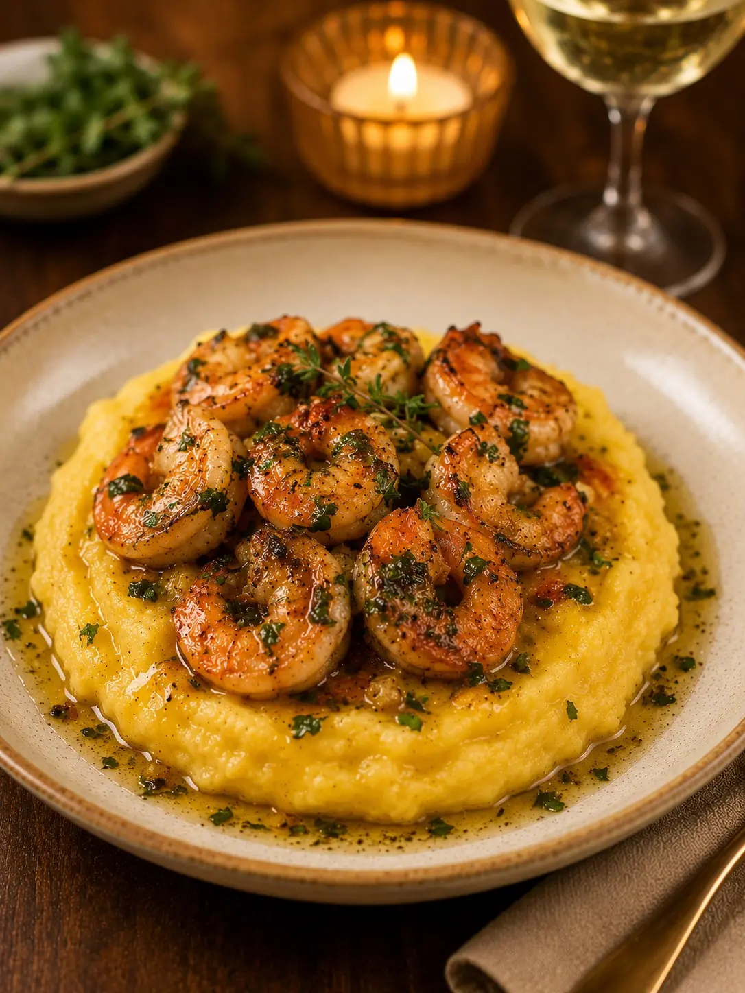 16 receitas para almoço de Dia dos Namorados - 5 5. Camarões grelhados com manteiga de ervas e purê de mandioquinha
