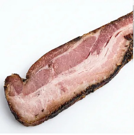 Corte transversal Bacon Pastrami FA Defumados crosta de especiarias interior rosa