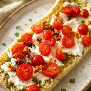 Snack de Queijo Pomerode com Pesto, Tomate e Granola Defumada