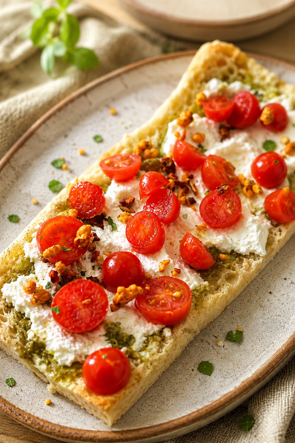 Snack de Queijo Pomerode com Pesto, Tomate e Granola Defumada - 1 Snack de Queijo Pomerode com Pesto, Tomate e Granola Defumada